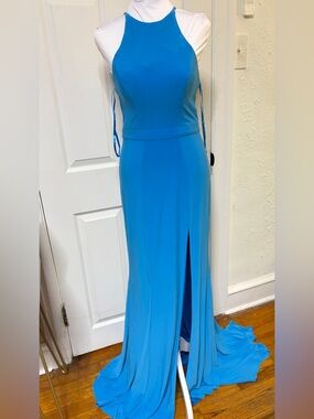 Faviana Bright Blue Maxi Dress with Front Slit